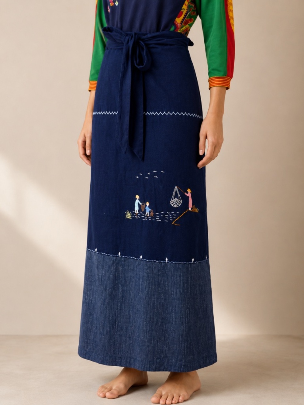 Vintage denim embroidered folk art wrap maxi skirt
